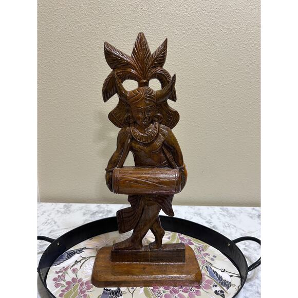 Vintage Hand Carved Teak Wooden Statue Indonesian Dancer Kendang Drum Folklore - Picture 4 of 6